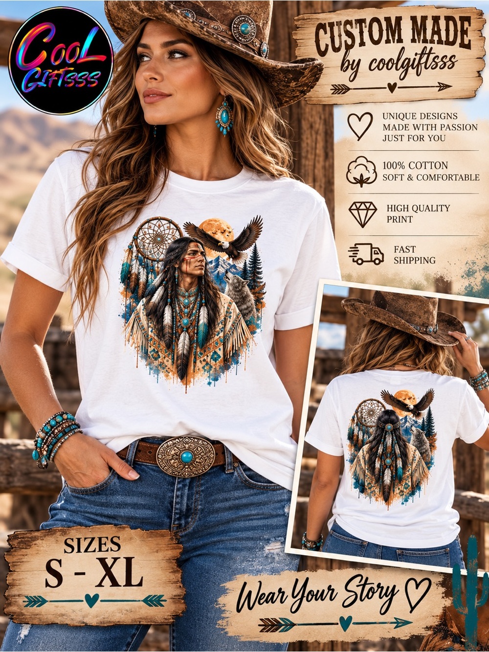 Custom Native American Inspired Graphic T-Shirt Eagle Wolf Dreamcatcher front bk